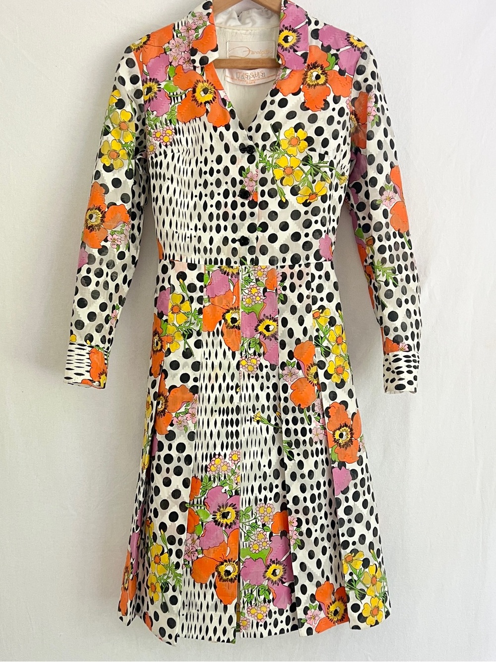 Rare 60s Lanvin Paris Mod Print dress pleated floral silk jacquard luxury VTG